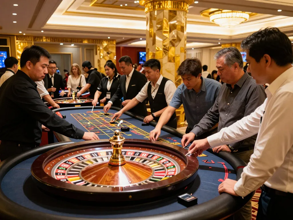 Hitclub roulette players engaged in action as the wheel spins in a vibrant casino setting.