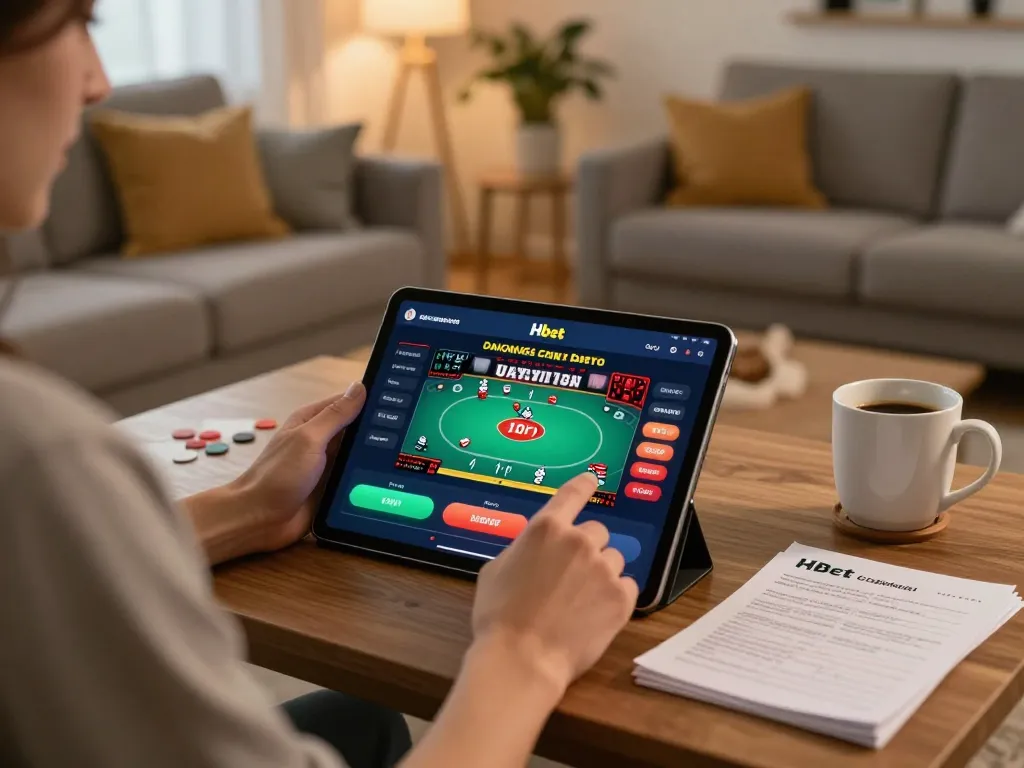 Player enjoying the Hbet app at home, showcasing responsible gambling practices.