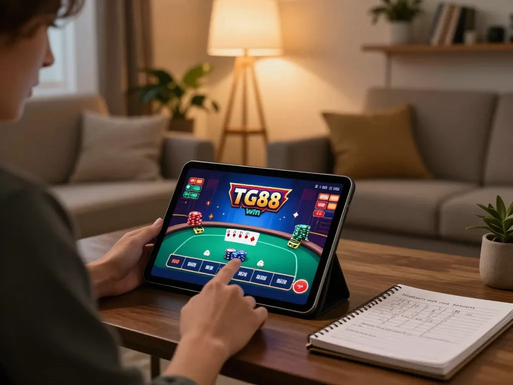 Experience TG88 win while enjoying an online poker game on a tablet in a cozy home setting, complete with strategy notes.