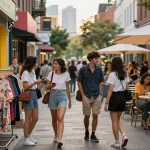 Sunwin fashion enthusiasts exploring trendy urban boutiques and capturing moments in a vibrant shopping scene.