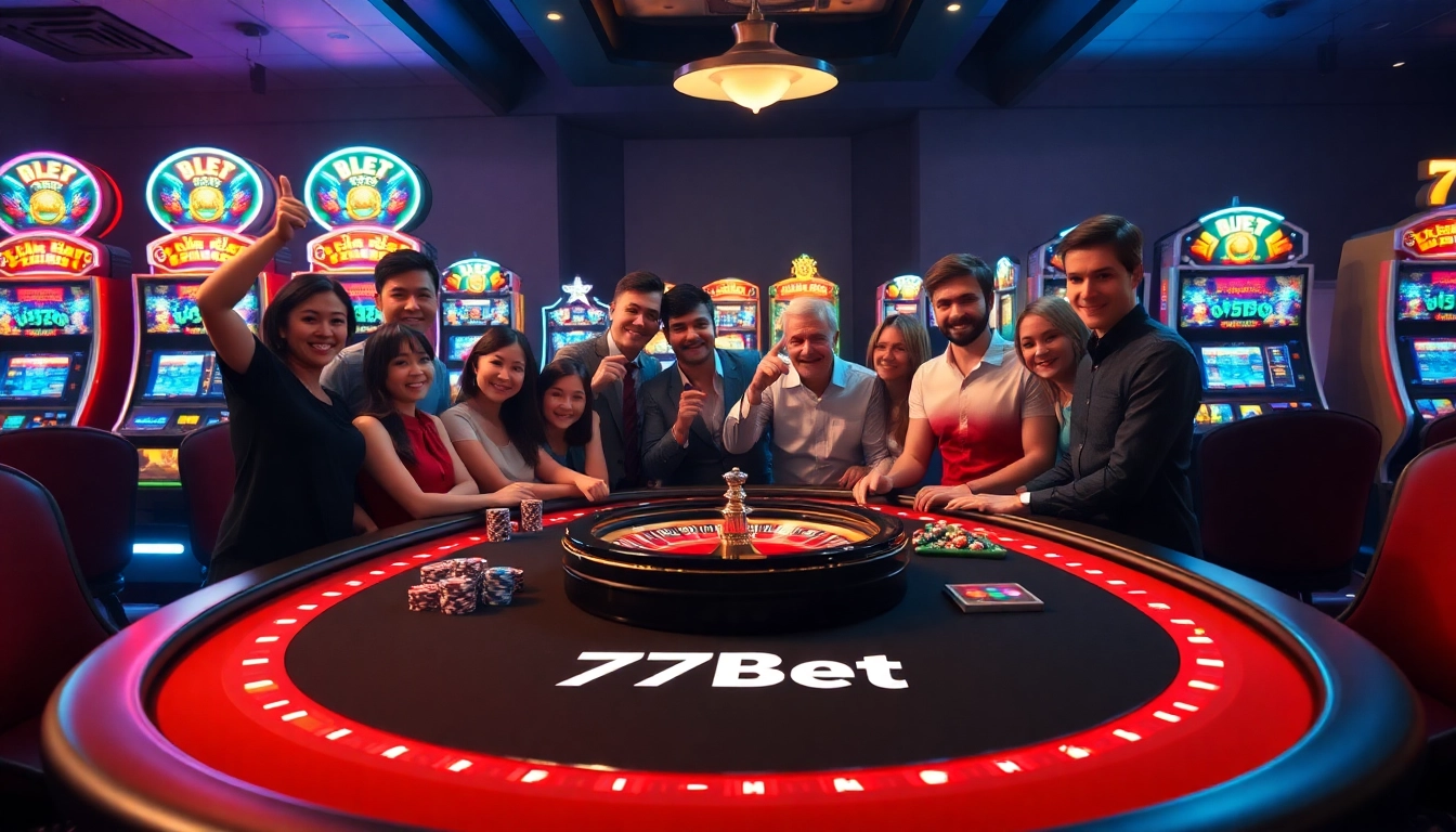 Players enjoying a thrilling game night at 77Bet’s poker table surrounded by slot machines and excitement.