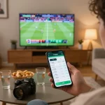Xibet mobile sports betting setup with live game on TV and betting app interface, capturing casual and strategic gaming moments.