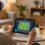 Engage in live sports betting on https://lc88.co.com/ with real-time odds displayed on a tablet in a cozy living room.