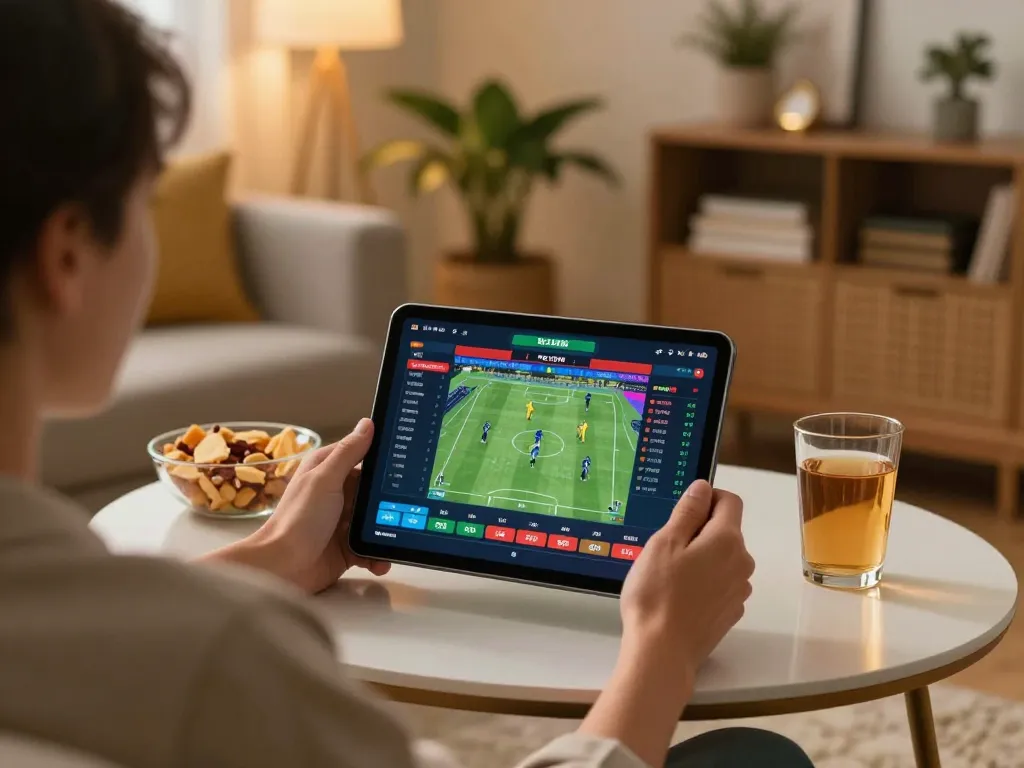 Engage in live sports betting on https://lc88.co.com/ with real-time odds displayed on a tablet in a cozy living room.