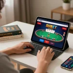 Player engaging at SHBET online casino app, focused on tablet gameplay action in a cozy setup.