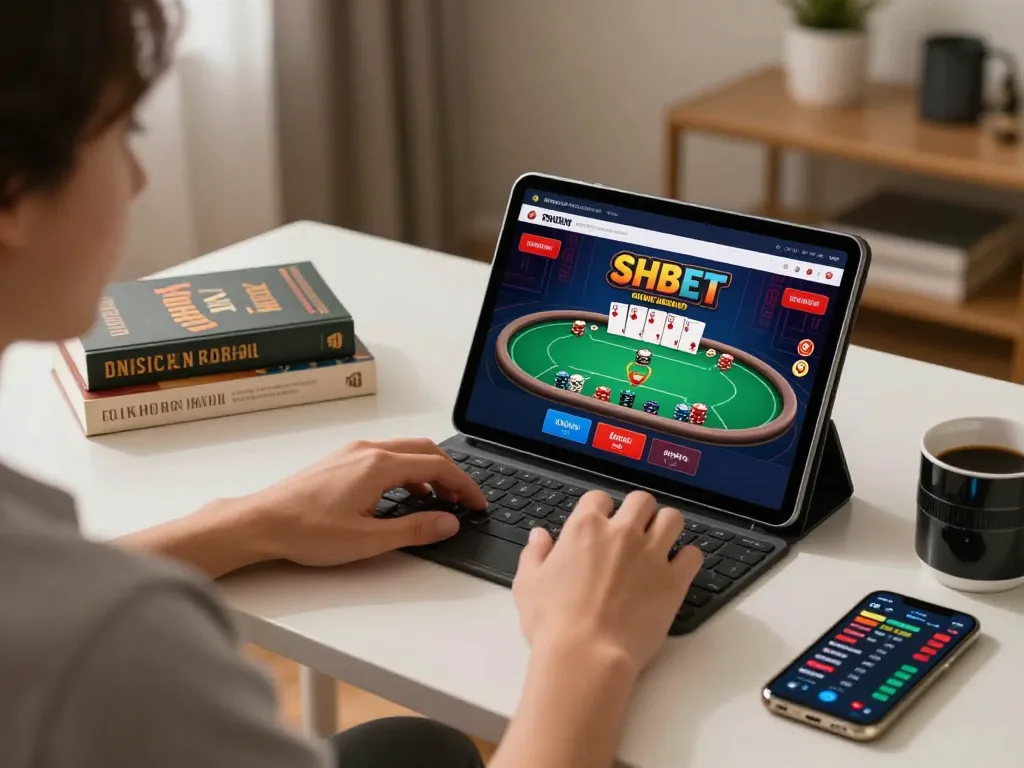 Player engaging at SHBET online casino app, focused on tablet gameplay action in a cozy setup.