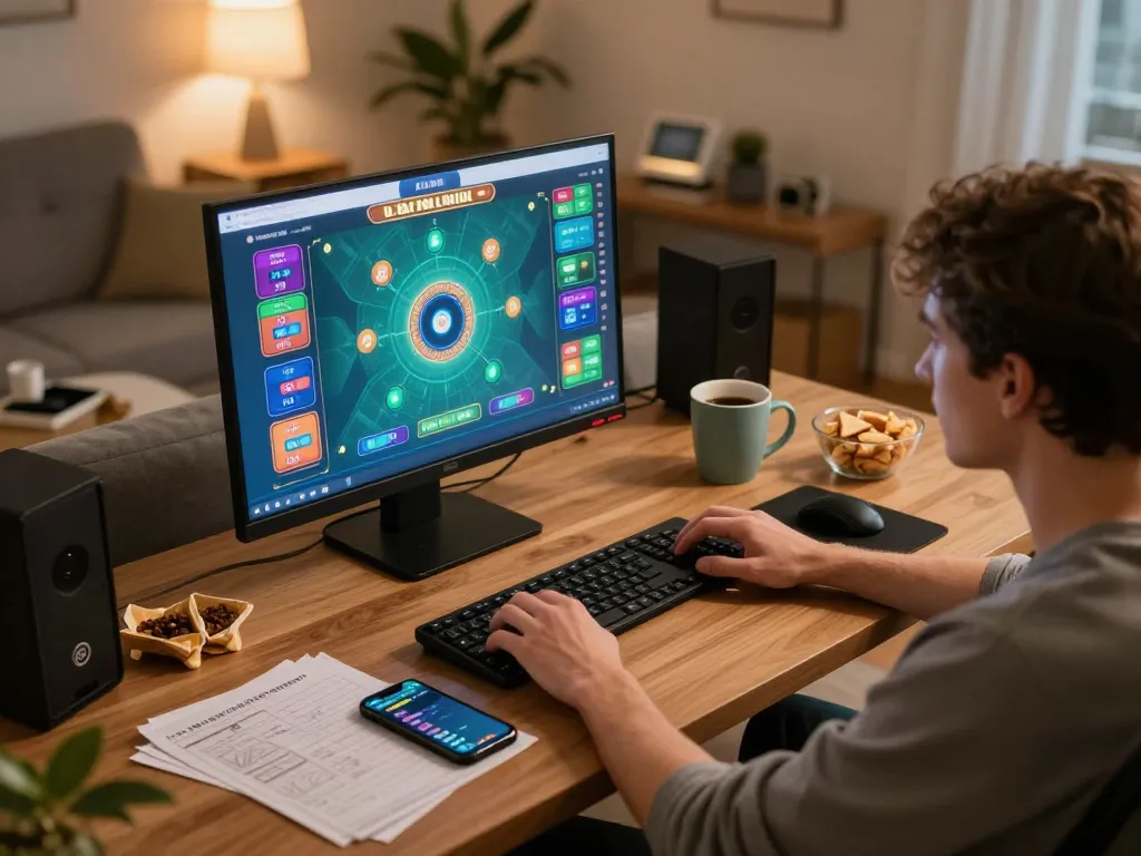 Engaging in tài xỉu online gameplay with vibrant game interface on screen, cozy home gaming atmosphere