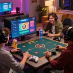 Sunwin gaming scene with friends enjoying a vibrant betting game in a cozy living room.