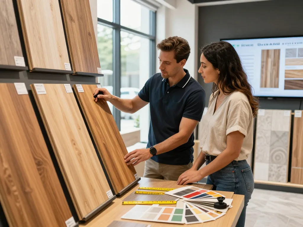 Flooring specialists near me assisting a couple in a bright, welcoming showroom full of laminate flooring samples.