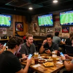 Kèo nhà cái hôm nay displayed on mobile screens in a lively sports bar during live betting events.