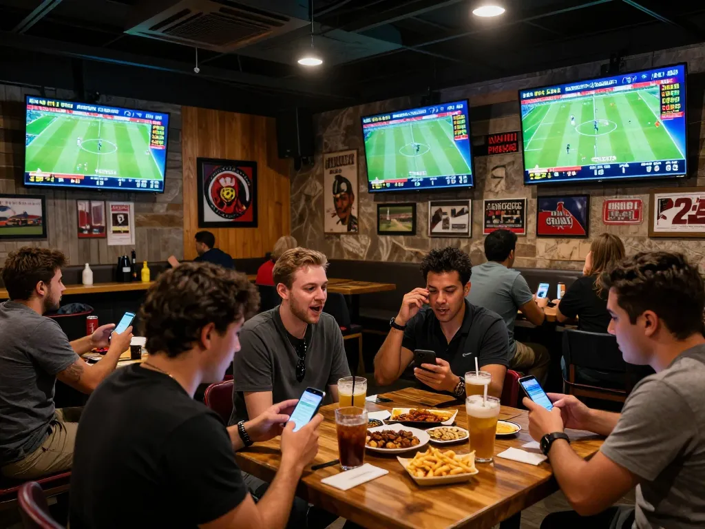 Kèo nhà cái hôm nay displayed on mobile screens in a lively sports bar during live betting events.