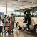 Family enjoying a convenient airport transfer experience with a professional driver at arrivals, showcasing a modern minibus.