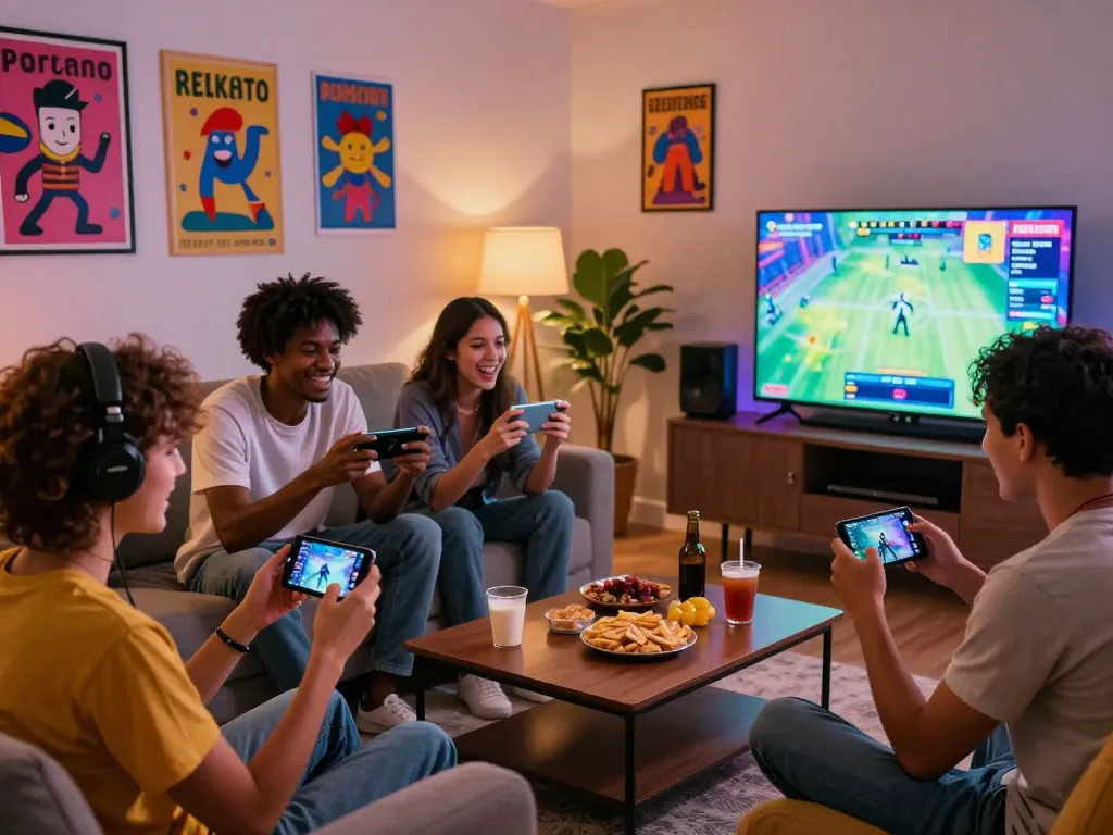 Engaged friends playing sex games on mobile devices in a lively living room.