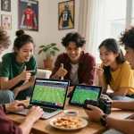 Friends analyzing tỷ lệ kèo nhà cái 5 in a lively sports betting atmosphere.