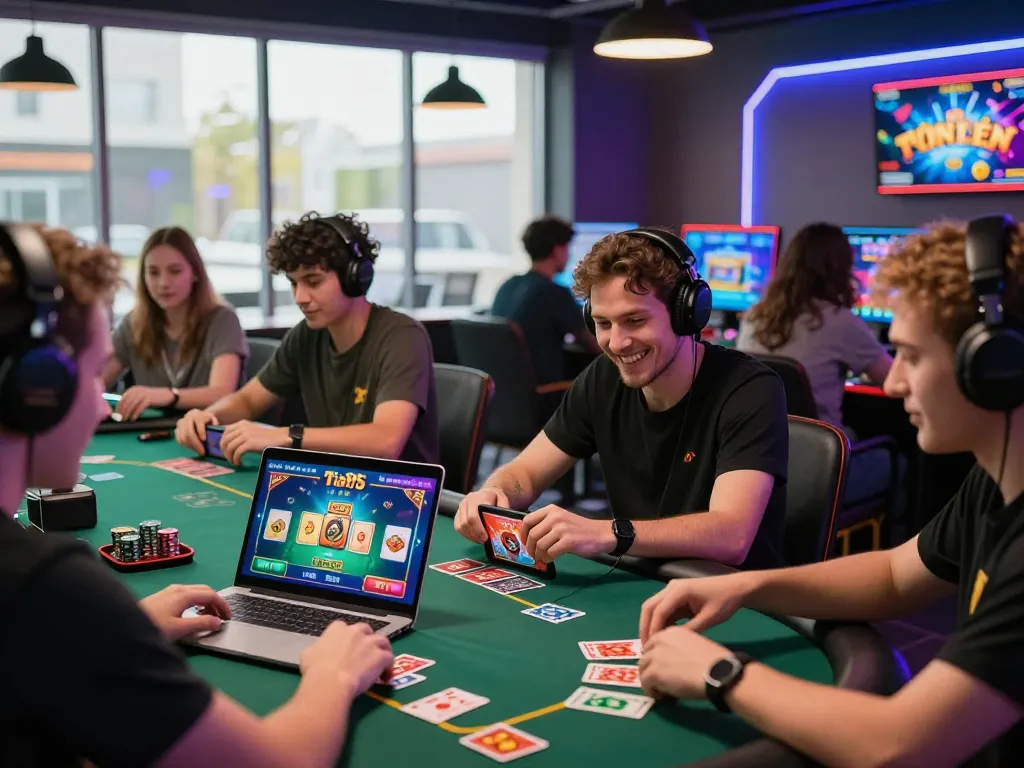 Exciting scene of players enjoying 789club gaming in a colorful modern lounge, showcasing diverse interactions with poker and casino games.