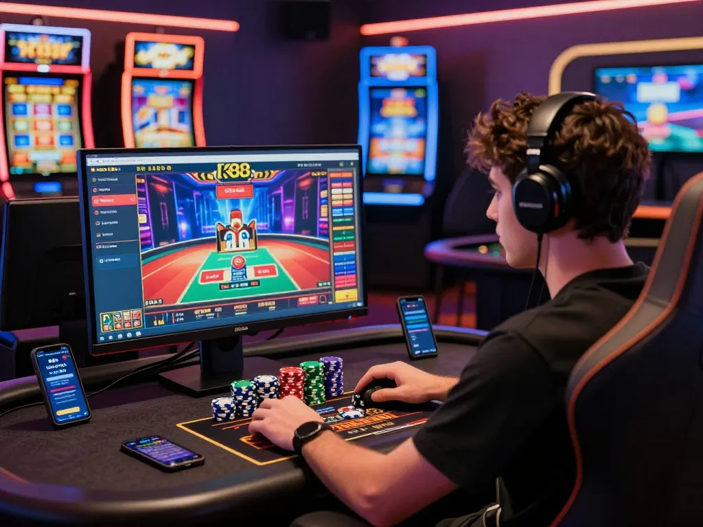 Experience K88's immersive online gaming with vibrant slots and live casino interface.