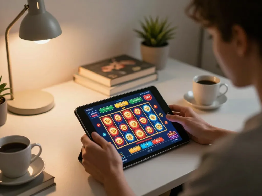 Player enjoying an online casino game at home on Jun88 tablet with vibrant slots interface