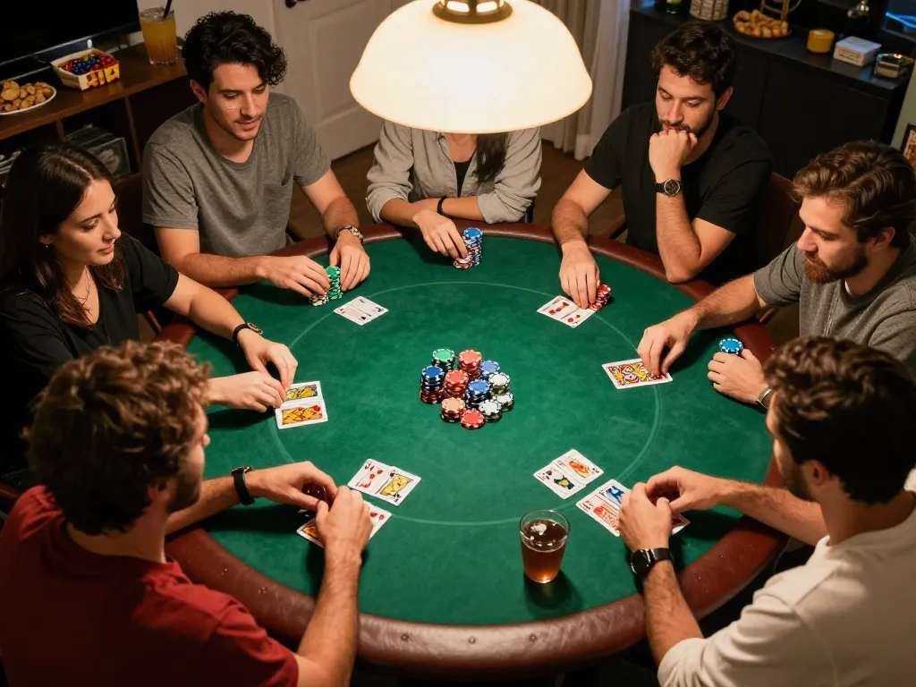 Players engaged in a thrilling game bài đổi thưởng at a cozy home poker night with chips and cards.