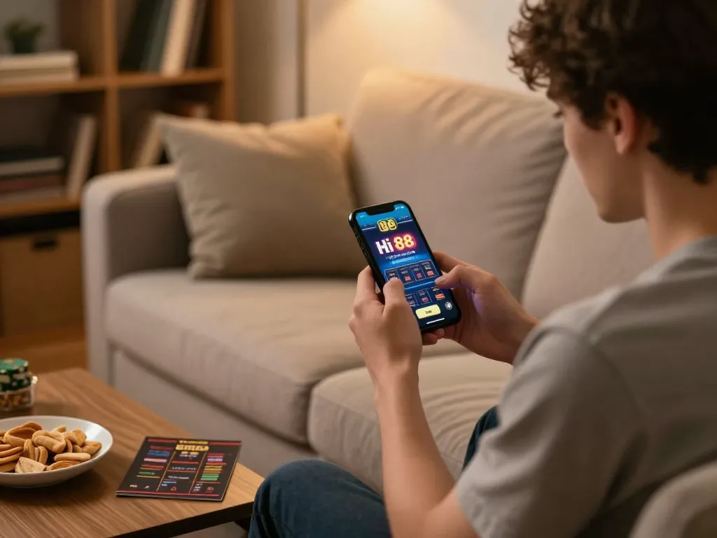 Engaged user placing bets on the Hi 88 casino app during a cozy home gaming session.