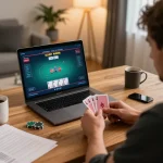 Player analyzing cards in an online poker game on 7m cn dedicated laptop, creating a strategic home gaming atmosphere
