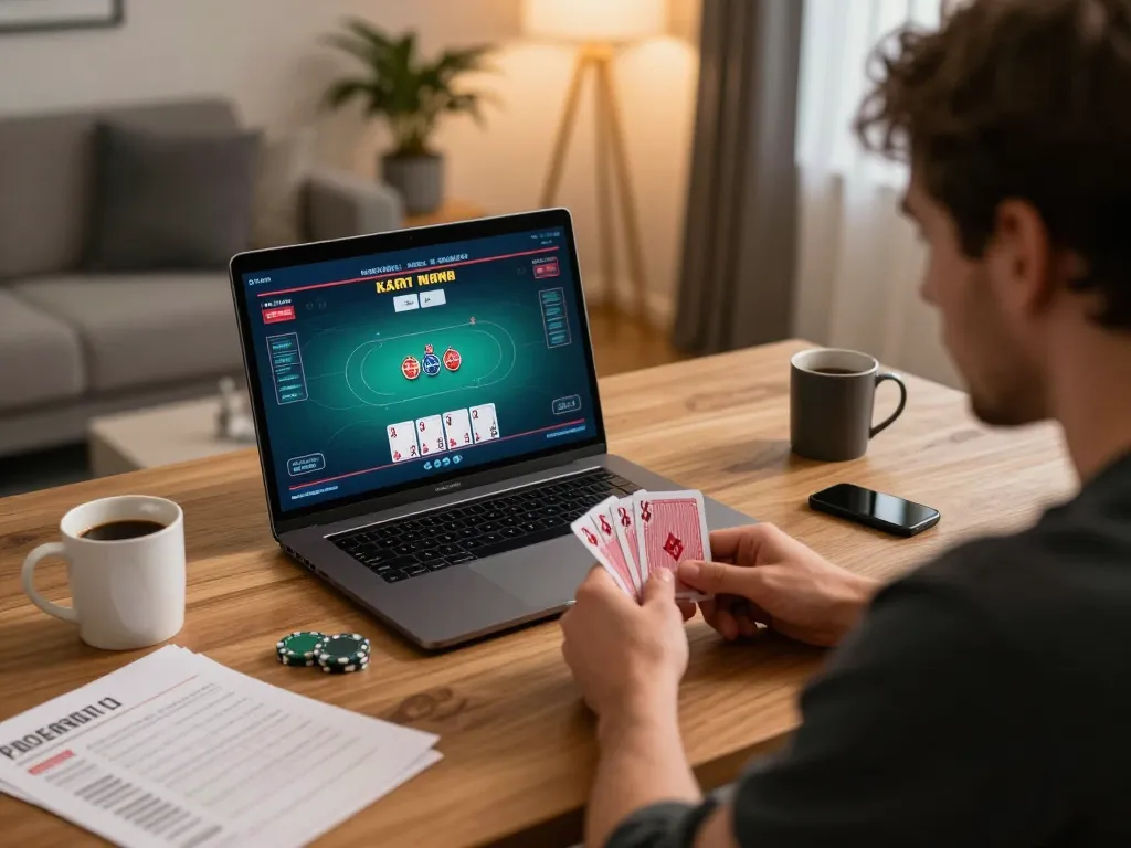 Player analyzing cards in an online poker game on 7m cn dedicated laptop, creating a strategic home gaming atmosphere