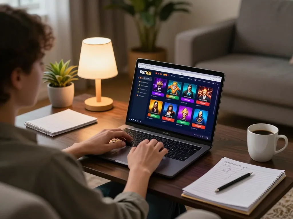 Engaged player enjoys BET168 online casino gaming on a modern laptop, surrounded by cozy home comforts.