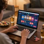 MMOO online casino gaming scene featuring a player in a cozy home setting engaged in strategic betting.