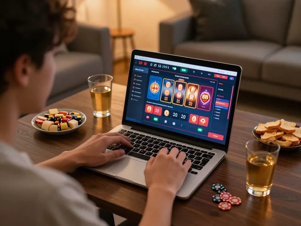 MMOO online casino gaming scene featuring a player in a cozy home setting engaged in strategic betting.