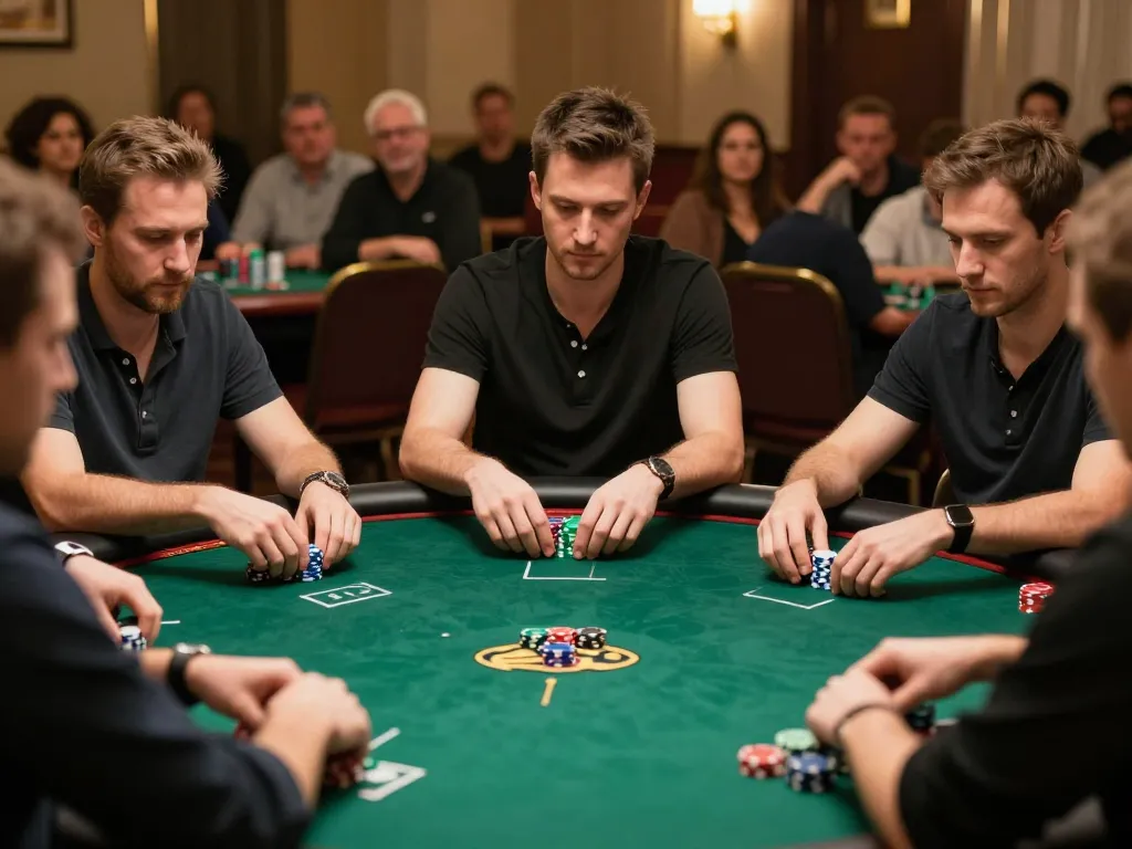 Players engaging in a strategic game of poker at a tournament while utilizing va88 for betting.
