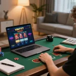 Player enjoying vin777 online gaming experience in a cozy home setup with strategy notes