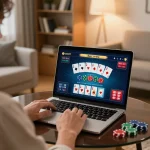 A player engaging in tg88 online Baccarat game from a cozy living room, showcasing exciting gameplay and strategic decisions.