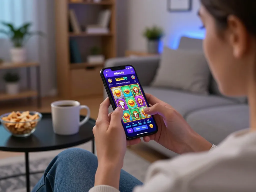 Player enjoying the NOHU90 mobile casino app on their smartphone in a cozy living room.
