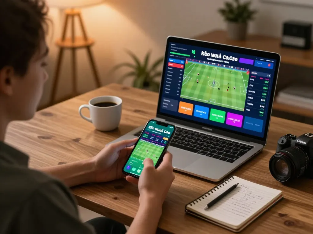 Kèo Nhà Cái betting on a mobile app while enjoying a cozy home atmosphere.