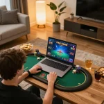 Engaging in a win68 online poker game at home on laptop with cozy setup.