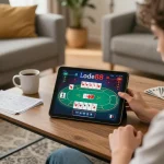 Lode88 online player strategizing poker game with tablet in a cozy atmosphere.
