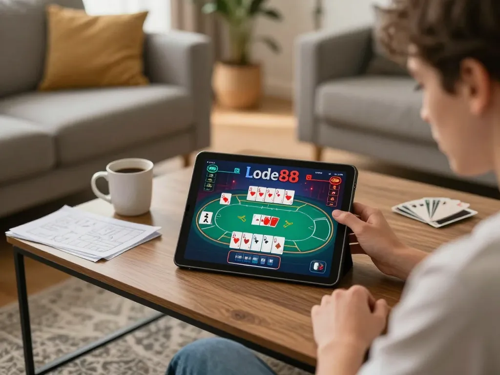 Lode88 online player strategizing poker game with tablet in a cozy atmosphere.