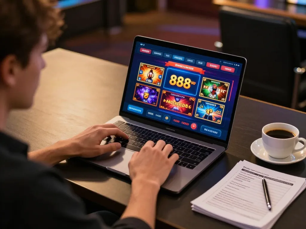 Player engaging with 888vnd casino app on laptop, showcasing dynamic online gaming experience.