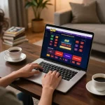 Player engaging with Luck8 online casino on laptop in cozy home, emphasizing strategic gameplay.