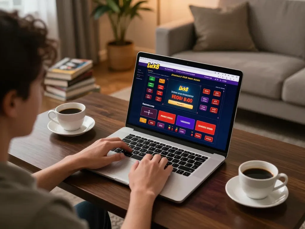 Player engaging with Luck8 online casino on laptop in cozy home, emphasizing strategic gameplay.