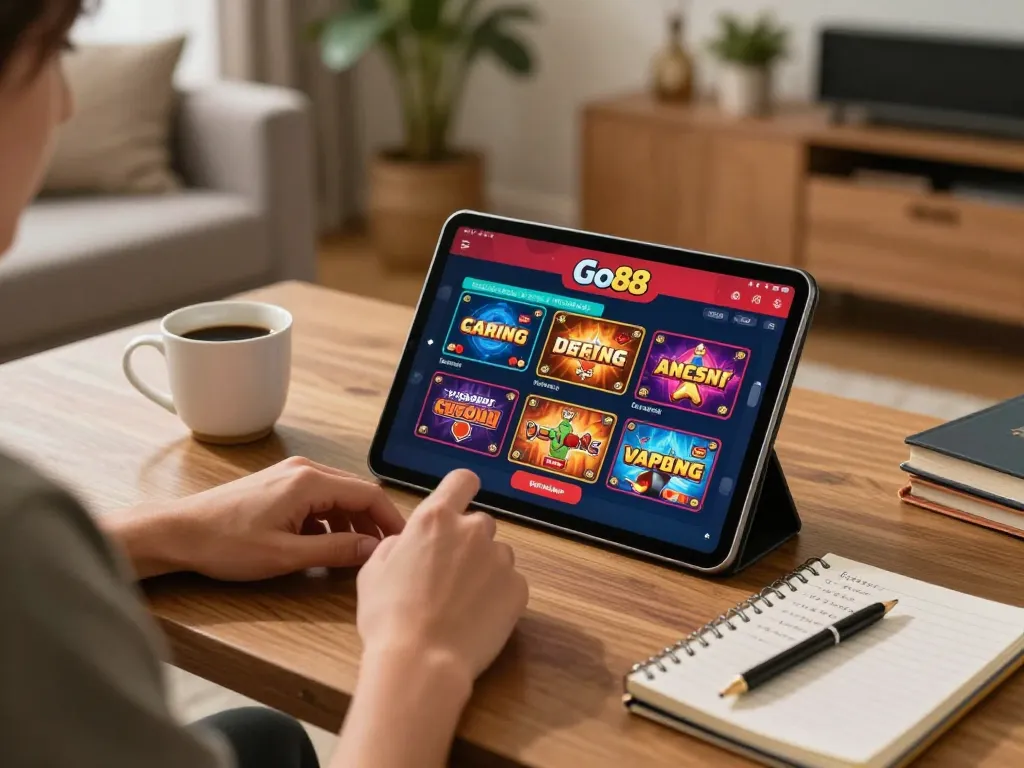Engaging with Go88 casino app on tablet in a cozy home setting.