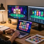 A player engages with sanclub's online casino interface at home, highlighting immersive gameplay with vibrant graphics.