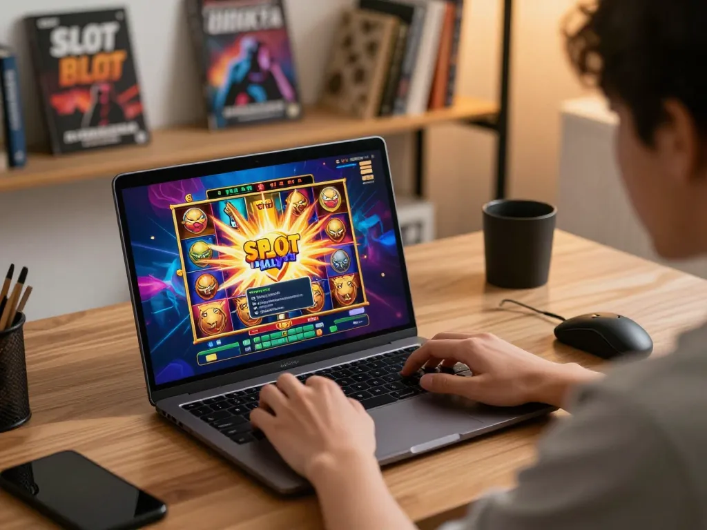 Exciting Slot Malaysia gameplay experience on a laptop in a cozy home gaming setup, highlighting engagement.