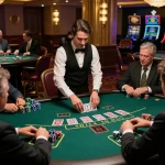 Players engaging in intense blackjack gameplay at a luxury casino, showcasing the excitement of ok8386's gaming experience.