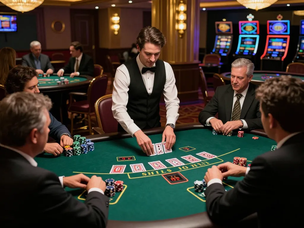 Players engaging in intense blackjack gameplay at a luxury casino, showcasing the excitement of ok8386's gaming experience.
