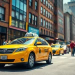 Taxi parked in a busy city street, showcasing urban life and vibrancy.
