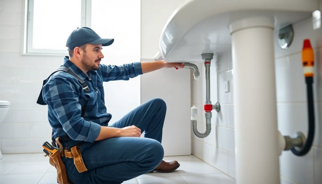 Find a qualified plumber near me fixing a home's plumbing in a bright bathroom.
