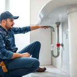 Find a qualified plumber near me fixing a home's plumbing in a bright bathroom.