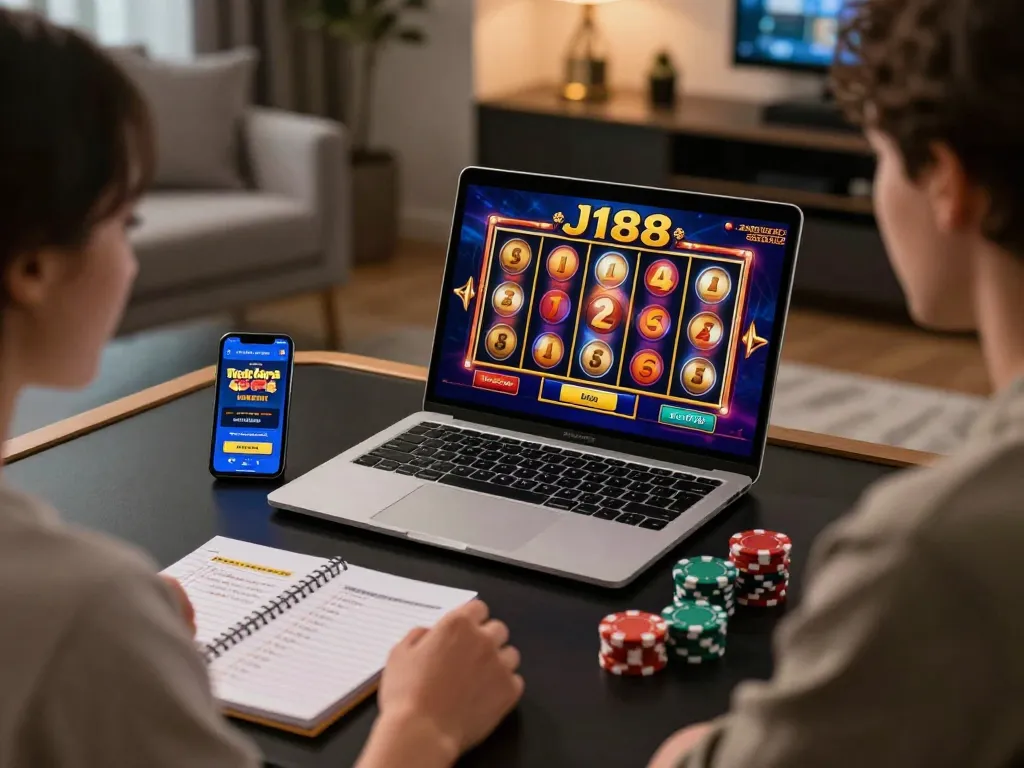 Engaging gameplay at a J188 casino setting showcasing vibrant slot reels mid-spin