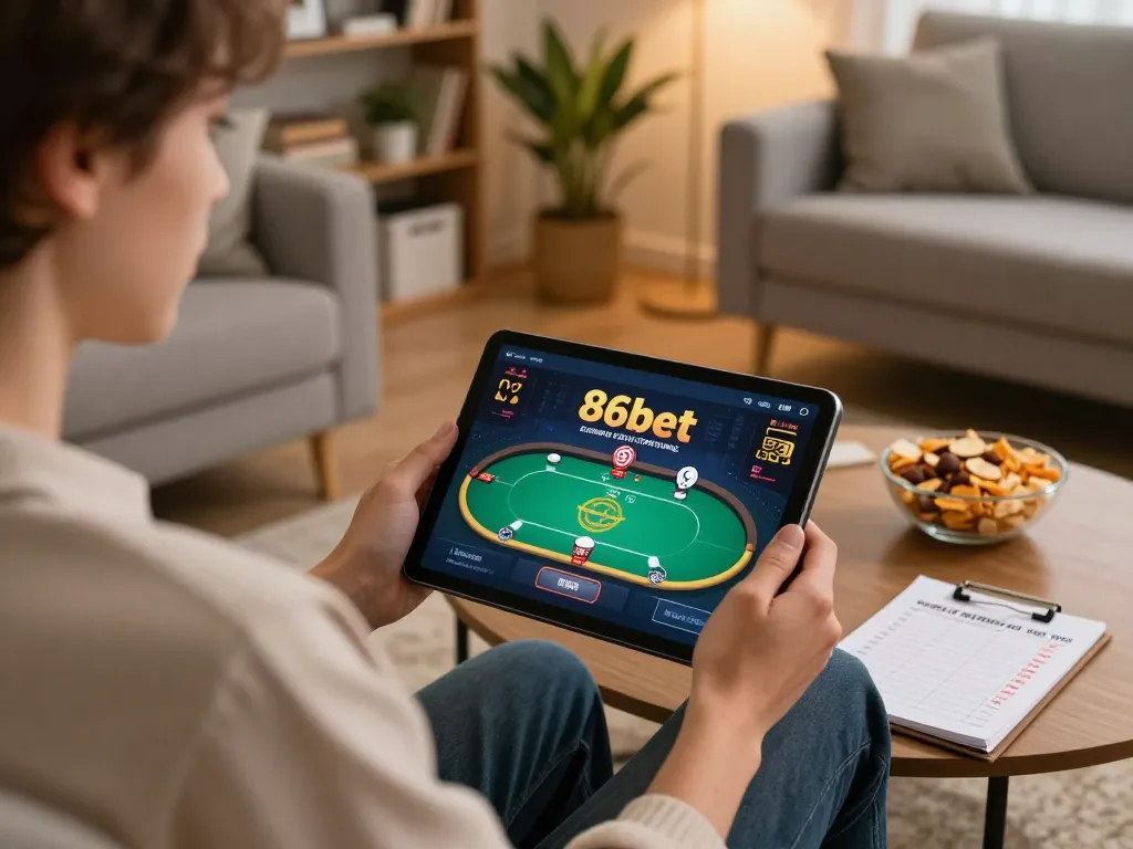 Player engaged in thrilling 86bet online gaming with tablet and strategies in cozy living room.