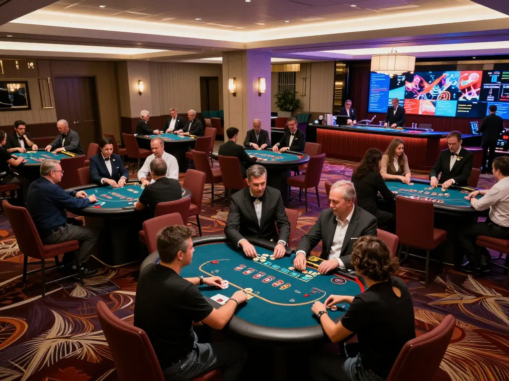Players analyzing bets at a poker table in a luxury casino, raising questions about HM88 lừa đảo.